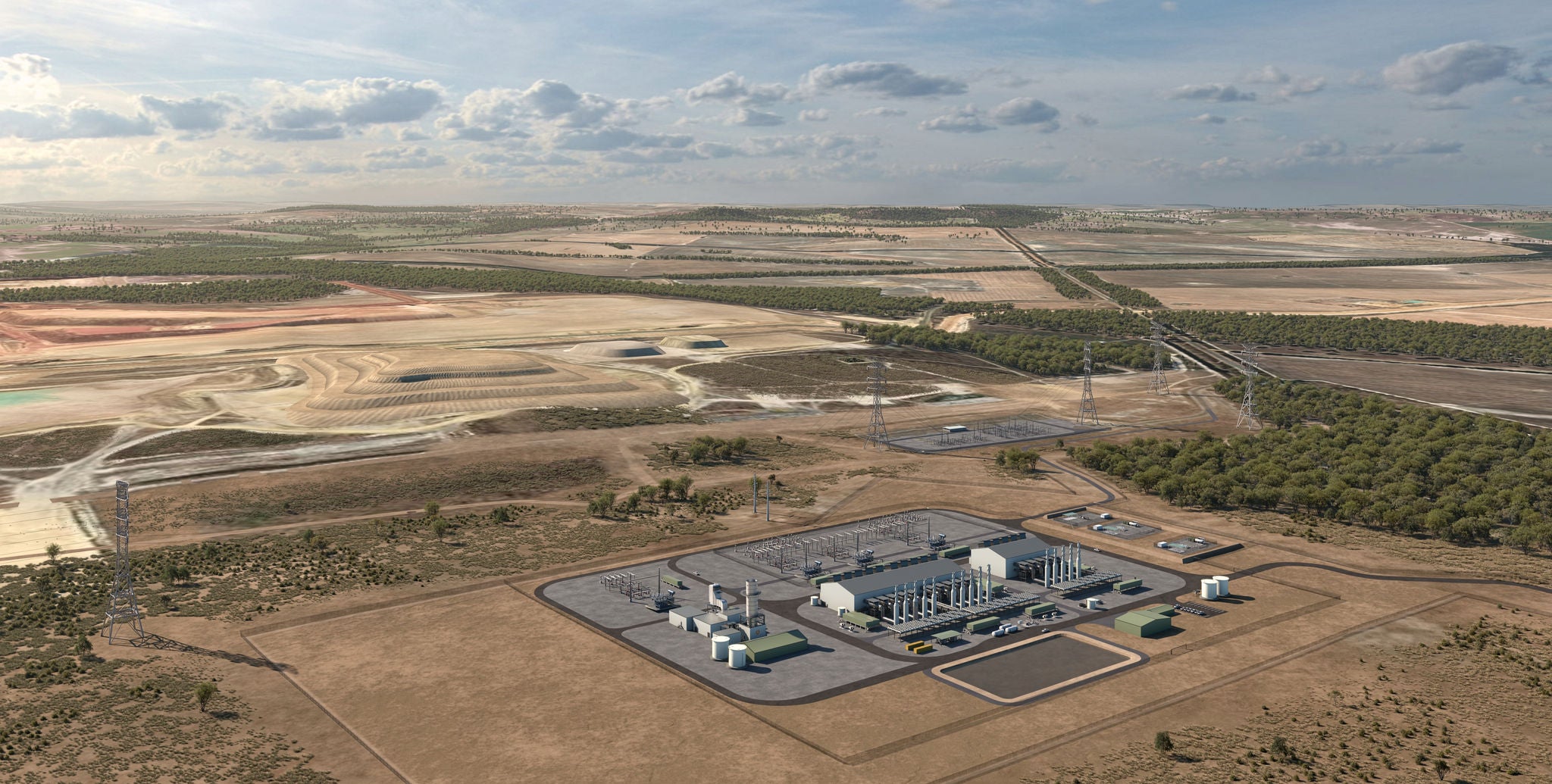 A CG render of two workers walking by the Cataby Power Station