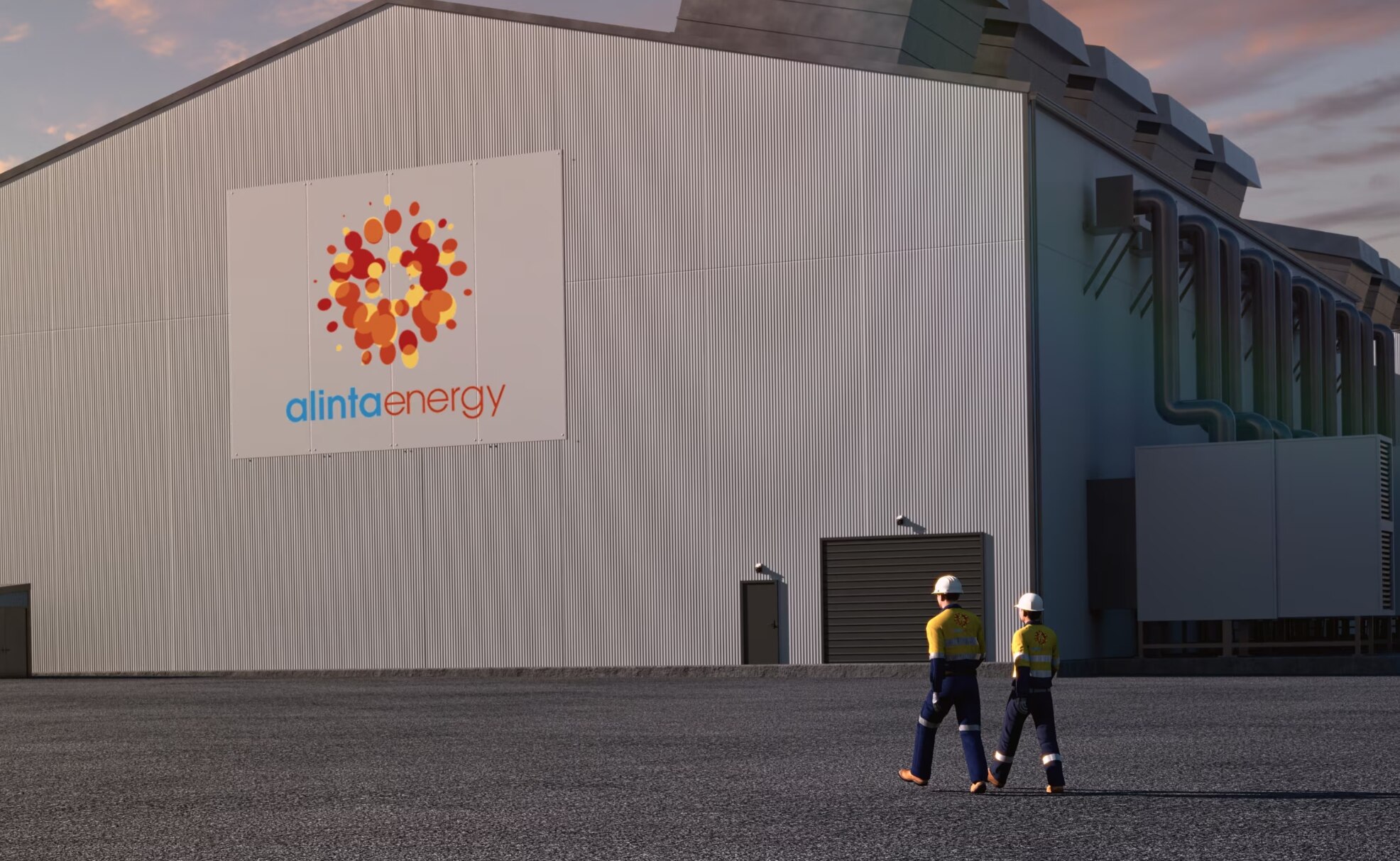 A CG render of two workers walking by the Cataby Power Station
