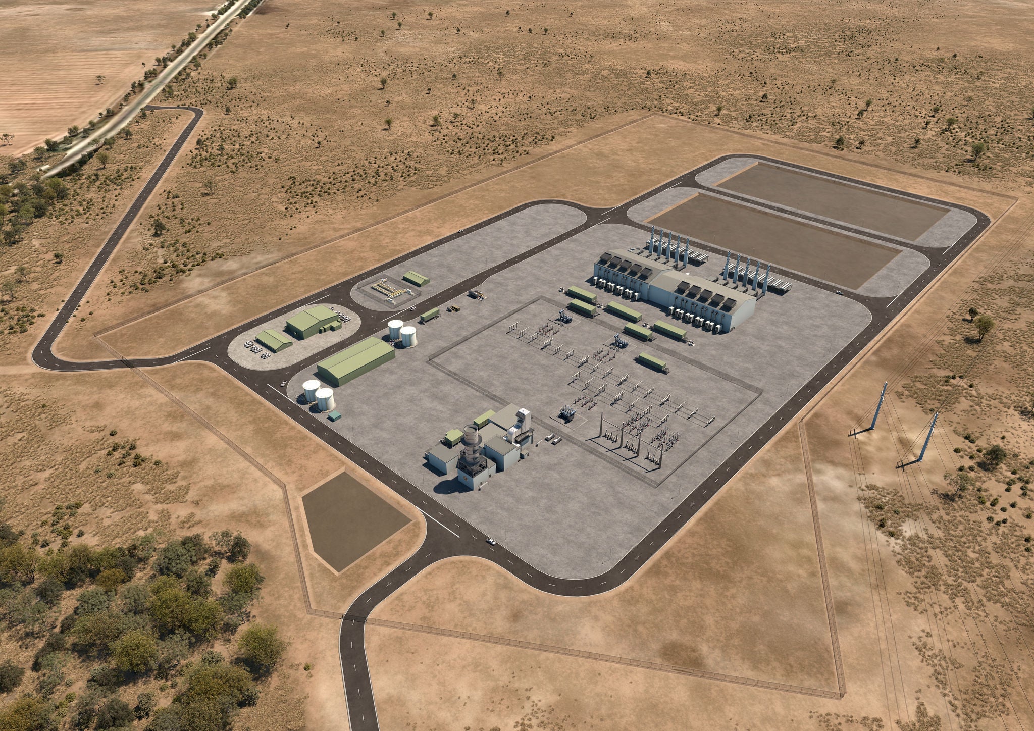 A CG render of two workers walking by the Cataby Power Station