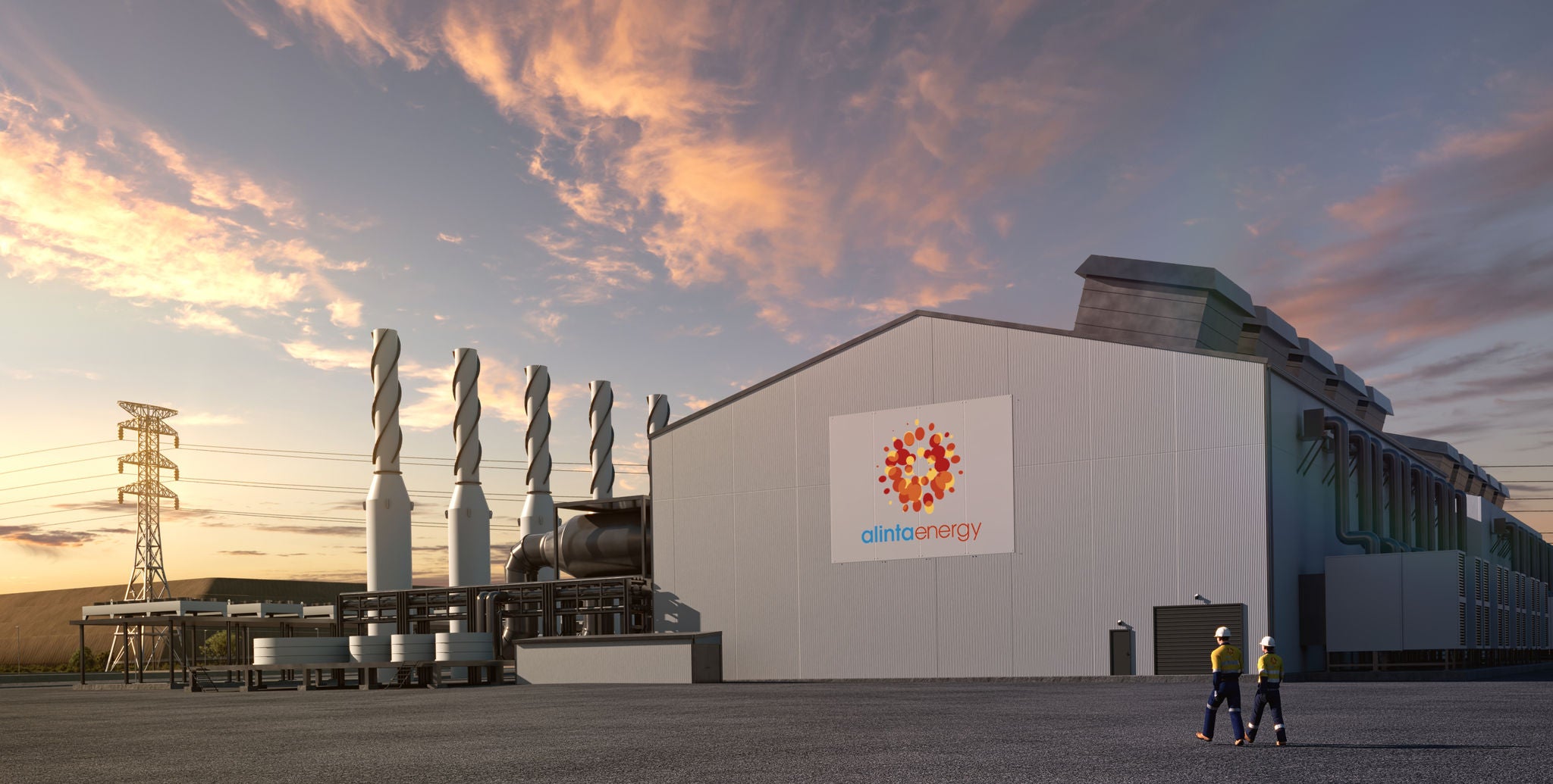 A CG render of two workers walking by the Cataby Power Station