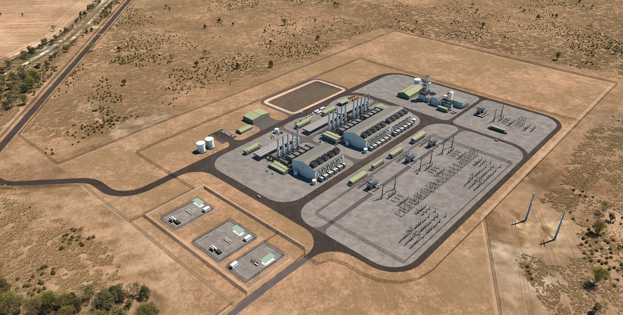 A CG render of two workers walking by the Cataby Power Station